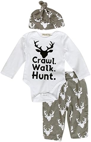 Baby Apparel JUNNEY Newborn Infant Baby Outfit Clothes Print Romper Tops+Long Pants +Hat(0-18months) (70CM 0-3M)