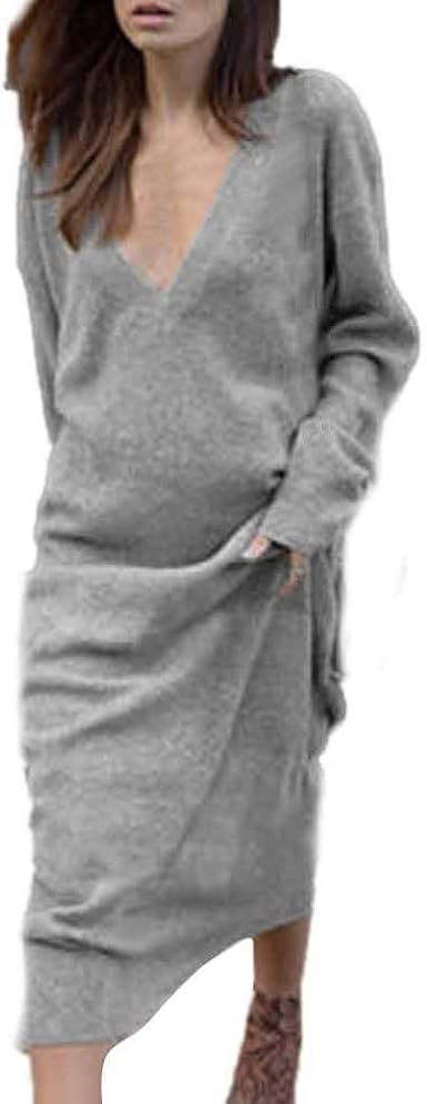 Zeagoo Strickkleid Damen - Langarm Winterkleid Mit V-Ausschnitt In A-Linie