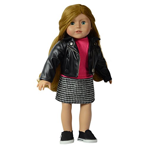 The New York Doll Collection Leather Jacket with Dress - Pink Top and Houndstooth Printed Bottom