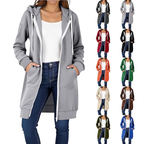 Zip Up Hoodies For Women Long Sleeves Longline Casual Hooded Sweatshirts Jumper Ladies Solid Color Trench Coat With Pockets Drawstring Fall Winter Outerwear (A31-Grey, XL)