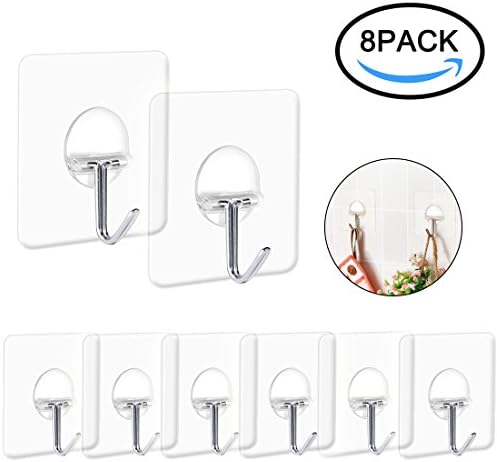 Sticky Hooks, Clear Removable Adhesive Seamless Hooks with Stainless Steel Transparent Hooks, No Scratch, Waterproof and Oilproof for Bathroom, Kitchen by COOLGUY (8 PCS)