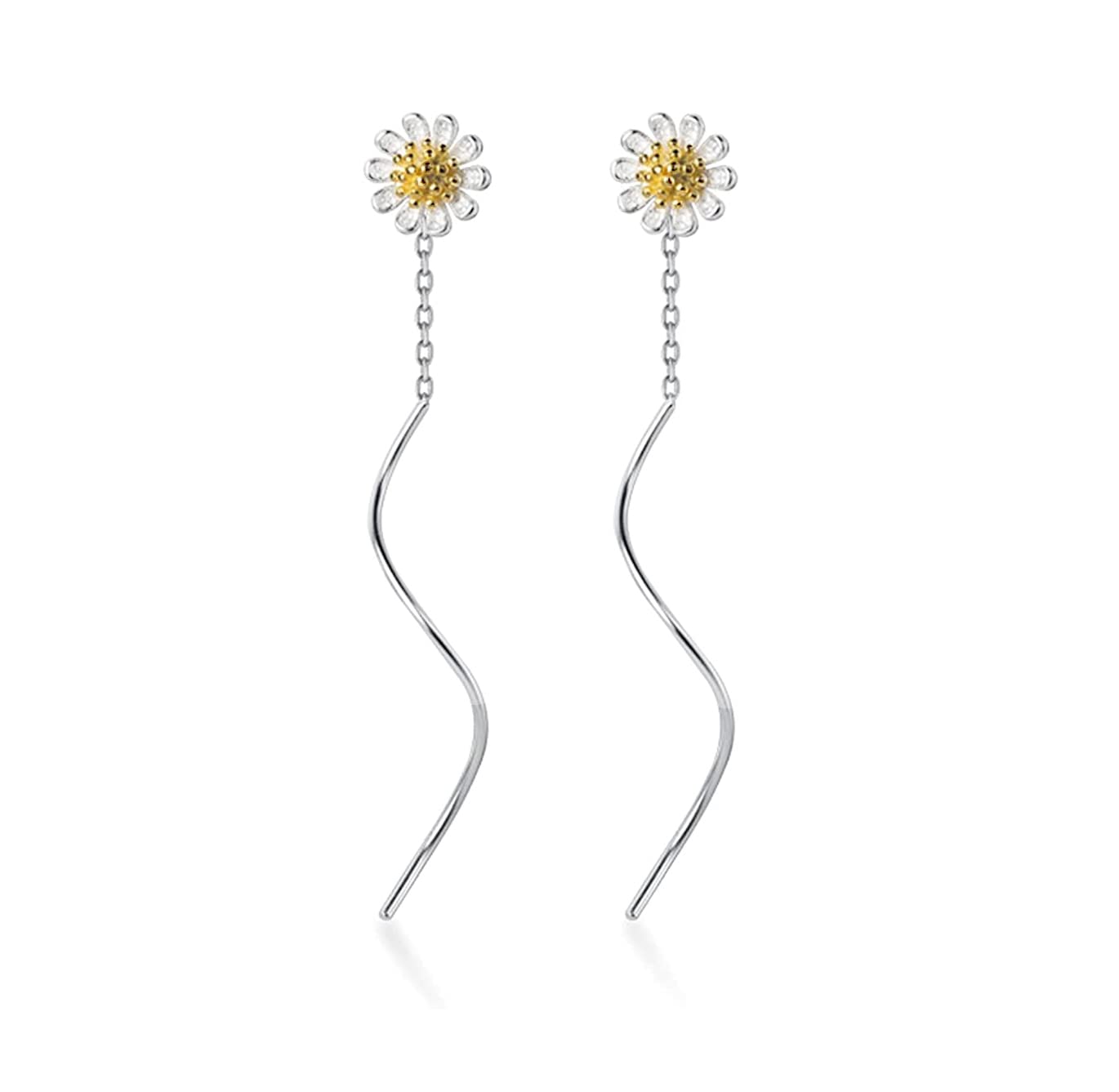 SLUYNZ 925 Sterling Silver Dangle Earrings Chain Daisy Earrings for Women Daisy Flowers Drop Tassel Earrings Threader Helix Gift