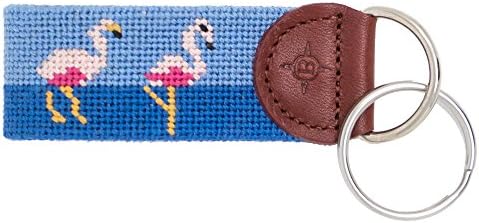 Islanders Hand-Stiched Needlepoint and Leather Key Fob for Keychains, Flamingo/Blue, One Size