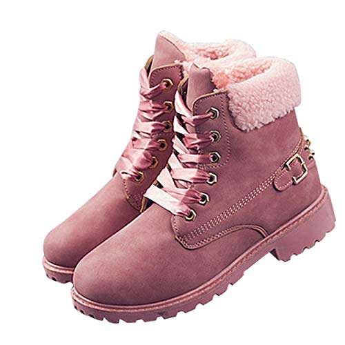 Susanny Women's Warm Snow Boots Ankle Lace up Short Combat Boot Slip on Winter Low Heel Fur Booties Pink