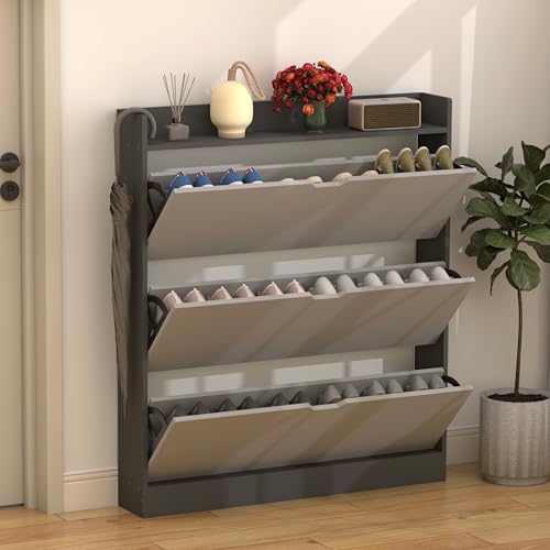 RWDKDTX Zapatera, Mueble Organizador de Zapatos Madera para 3 Cajones Abatibles, Zapateras Modernas 15 Pares Cerradas, Vertical Zapatero para Entrada de Casa, Recibidor,100 * 17 * 115CM, Gris