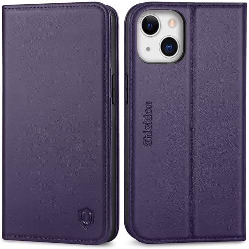 SHIELDON Case for iPhone 13 6.1", Genuine Leather Wallet Case with Kickstand RFID Blocking Credit Card Holder Shockproof Full Protection Magnetic Cover Compatible with iPhone 13 - Dark Purple