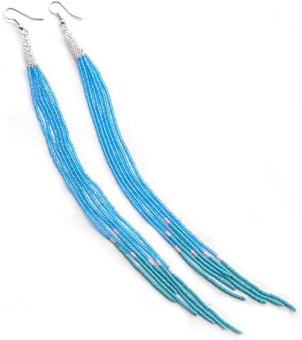 HANDMADE BEADED INDIAN FASHION JEWELRY IRIS BLUE SILVER SEED BEADS BEADED EARRINGS EXTRA LONG JEWELRY E-53/14