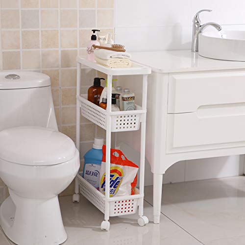 Aogist 3-Tier Slim Storage Cart Utility Storage Tower Mobile Shelving Unit Storage Cart for Kitchen Bathroom Bedroom Office Laundry Room Narrow Places