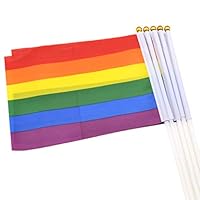 XINGPE Rainbow Gay Pride Stick Flag - Small Handheld LGBT Stick Flags with White Solid Pole - for Mardi Gras, Gay Pride Parades, Rainbow Party Supplies