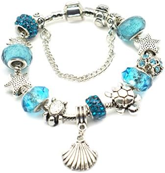 European Ocean Beach Bracelet for Women &amp; Teen Girls Seashell Turtle Charms Murano Beads Silver Plated Mother's Day Gifts for Women
