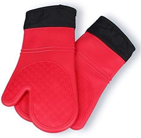 ProTect Silicone Oven Mitts Commercial Grade - Extra Long Quilted Cotton Lining - 1 Pair (Red)