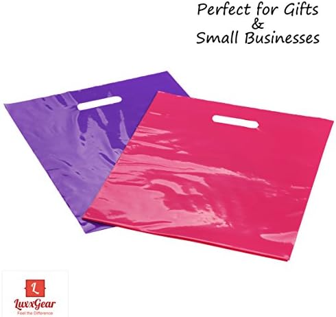 Merchandise Bags with Die Cut Handles - 12" x 15" Flat Gift Bags No Gusset 2.0 MIL - Durable Glossy Pink and Purple Plastic Bags - Set of 100 Poly Bags