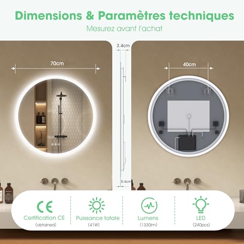 S'bagno Round Bathroom Mirror 70 cm, Bathroom Mirror with Lighting and Bluetooth, Anti-Fog, 3000K-6500K, Dimmable, HD Tempered Glass, IP44 LED Bathroom Mirror with Memory