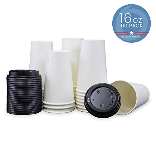 Set of 100 White 16oz Paper Cups with 100 Black Lids for Hot Drinks-Tea & Coffee (Cups Made in USA)