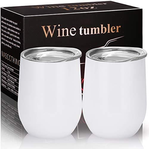 MASCOTKING Wine Glasses Tumbler - 12 oz 2 Pack - Double Wall Vacuum Insulated Cup with Lids for Keeping Wine, Coffee, Drinks - Beverage Warm in Winter -Valentine's Day Gifts(2PACK 12oz, White02) - Thumbnail 7