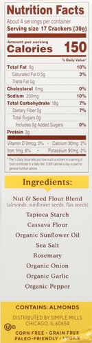 SIMPLE MILLS ALMOND FLOUR CRACKERS, ROSEMARY & SEA SALT – GLUTEN FREE, VEGAN, HEALTHY SNACKS, 4.25 OUNCE (PACK OF 1)