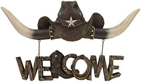 Cowboy Hat Oxhorn Boot Hanging Welcome Sign Resin Wall Decor