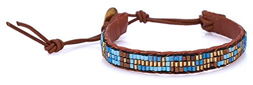 Juicy Wrap Bracelets - Colorful Bead Bracelet Pattern Single Brown Leather Wrap (Blue sky + gold)