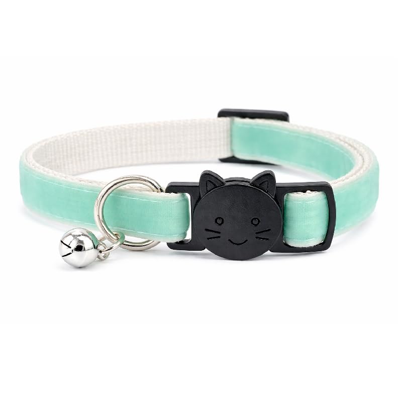 Velvet Cat Collars with Bell | Quick Safety Release Breakaway Buckle | Handmade in the UK | Available in Cat & Kitten Size | Mint Green Velvet — image 1