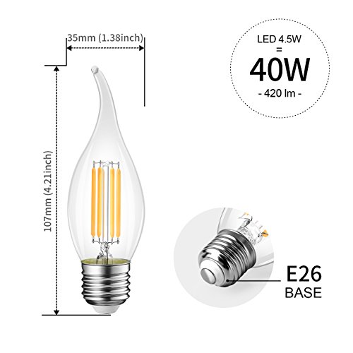 B11 Flame Tip LED Filament Bulbs E26 Candelabra Base,LVWIT 4W(40W Equivalent) Dimmable 3000K Soft White Chandelier Candle Light Bulb (6-Pack)