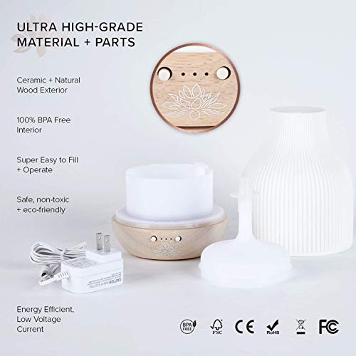 Essential Oil Diffuser Lamp, White Ceramic + Wood, Ultrasonic 180ml, Whispersoft, 4 Timers + 5