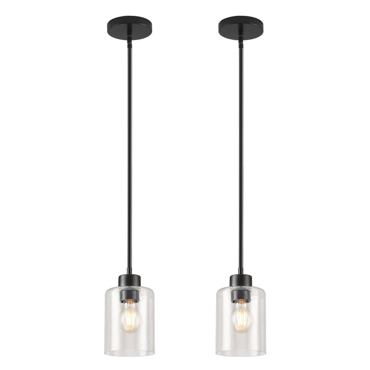 Photo 1 of KLSS Black Pendant Lights Kitchen Island - Seeded Glass Pendant Light Fixture Multiple Stems Rods 3 Units 12 Inch 3 Units 4 Inch (2 Pack Black Seeded Downrod)