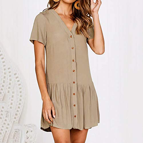 iYBUIA Women V-Neck Solid Dress Shirt Sleeve Button Mini Dress Gray