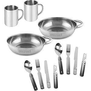 normani Camping Edelstahl Geschirrset 2X Besteckset + 2X Teller + 2X Tasse Farbe Silber mit Griff