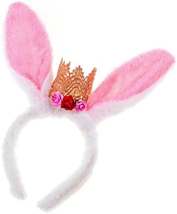 Love Girls Rabbit Ear Floral Lace Crown Headband Birthday Party Headband Easter Headpiece (Pink)