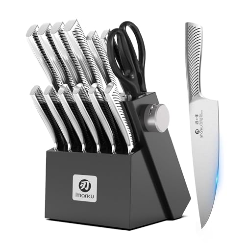 imarku Knife Block with Knife, 14 Pieces, Sharp Japanese High-Quality Knife Set, Chef's Knife, Kitchen Knife Set with Block Sharpener and Scissors for Household and Professionals, Black
