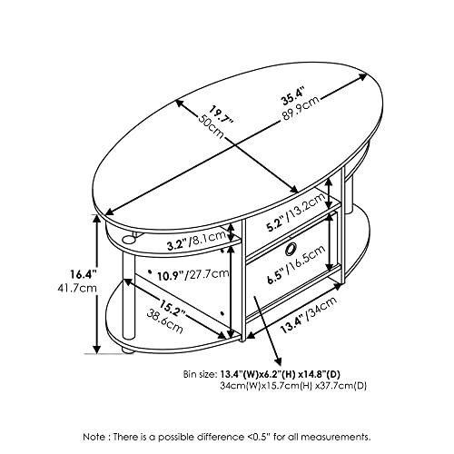 Furinno Jaya Simple Design Oval Coffee Table with Bin, White Oak/Chrome