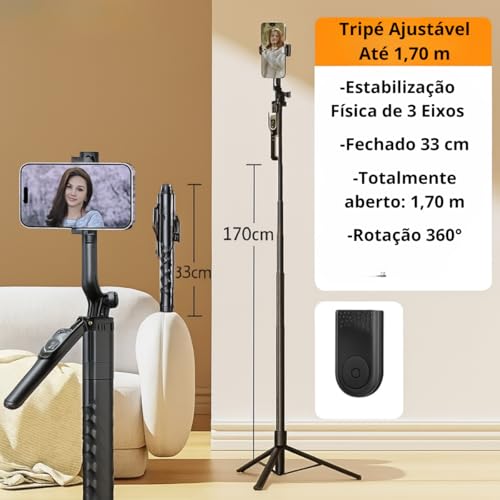 Tripé Bastão de Selfie 3 em 1 – Compacto e Extensível até 1,70 m de Altura, Controle Bluetooth, Rotação 360° – Para Gravações, Reels, TikTok, YouTube, iPhone e Android
