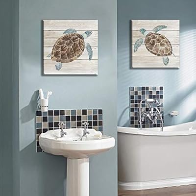 Yang Hong Yu 1 Pair of Turtles Prints on Wood Color Background Canvas Oil Painting for Bathroom, Classic Wall Art… 41KjA60LvpL