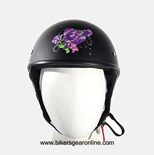 MOTORCYCLE MOTORBIKE DOT APPROVED HELMET FLAT W/ PURPLE ROSE TRIBAL BLACK NEW (XS Regular)