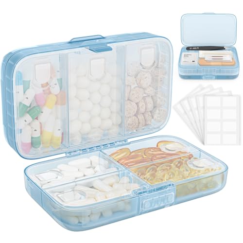 Photo 1 of FYY Weekly Pill Organizer with Labels,8 Compartments Travel Daily Pill Case Airtight Moistureproof Large Pill Box to Hold Vitamins, Fish Oil, Supplements,Cotton Swab and Bandages-Blue