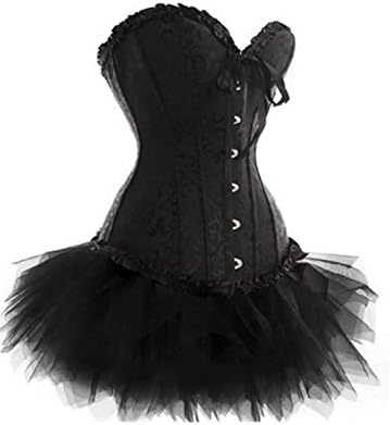 Plus Size S-6XL Black Lack up Clubwear Lingerie Floral Overbust Corset and Tutu Skirt