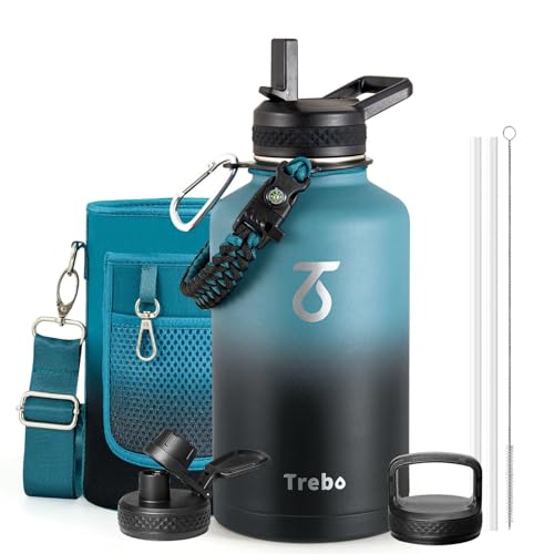 Thermosflasche mit Strohhalm 2L, Trebo Trinkflasche Edelstahl mit Paracord-Griff & 3 Deckeln, Edelstahl Trinkflasche Große Sportflasche Kalt halten 48