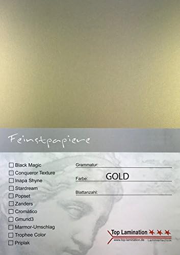 DIN A2 50 Sheets PU Top Lamination – Dyed All Possible use Gold Paper 120 g/m²: Invitations (Inserts for Albums Wedding Card, Photo Album, Poster Posters, Crafting and More.