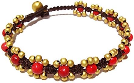 Idin - Handmade Gold-tone Beads and Bell with Red Coral Stones Woven with Waxed Cord Anklet (Approx. 23-24 Cm)