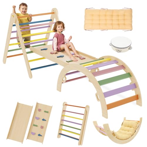 Auoleru Pikler Triangle Set 7-in-1 Foldable Toddler Climbing Toys Indoor Jungle Gym with Ramp & Arch, Montessori Wooden Play Gym Climbing Frame for Toddlers 1-6 Years