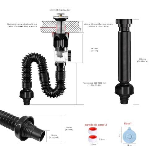 Kit de Drenaje para Lavabo de Baño,Tubo de Desague para Fregadero Antiolor,2 en 1 Kit de Drenaje para Fregadero,Fácil de Instalar,Antiobstrucción,Prevención de Olores,para Cocina,Baño (Estilo Ⅰ)