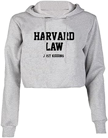 Women Long Sleeve Crop top Hoodie HARVARD LAW JUST KIDDING Letters Sweatshirts,Grey
