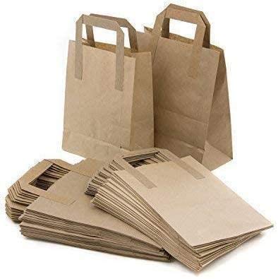 50 Brown Paper Carrier Bags | Small 7" x 8.5" x 3" | Flat Reinforced Tape Handles SOS | Sustainable Biodgradable Recyclable Kraft Paper