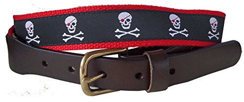 No27 Mens Jolly Roger Leather Belt, Leather Tab and Buckle, Jolly Roger on Black Ribbon with Red Webbing