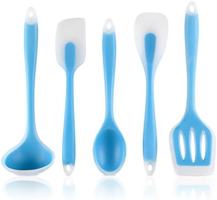 Silicone Kitchen Utensil Sets,Wik Suang 5 PieceNon Stick Heat Resistant Home Cooking Tools Contains Tablespoon,Drain Spade,Spatula,Spoon,Large Spoon (Blue)
