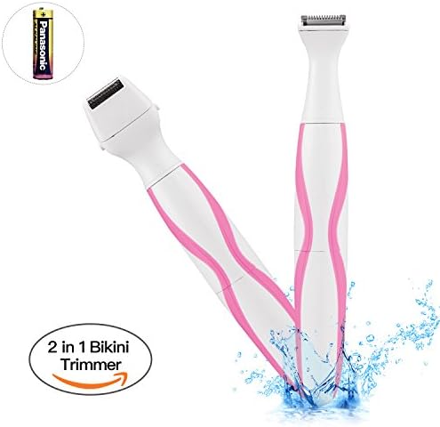 Bikini Trimmer, [Newest Design] 2 in 1 Women Shaver Waterproof Electric Razor Wet/Dry Cordless Ladyshave with Shaving and Bikini Head Perfect for Body, Face, Bikini Area Battery Included (Pink)