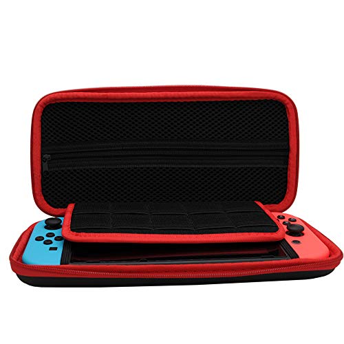 Carrying Case for Nintendo Switch – Portable Protective Travel Hard Shell Anti Shock Storage Bag with 10 Game Card Slots and Inner Pocket for Console Joy-Con and Other Tiny Accessories (Black+Red)