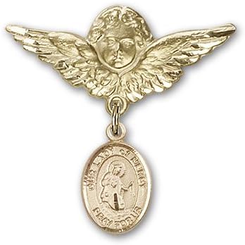 ReligiousObsession's Gold Filled Baby Badge with Our Lady of Mercy Charm and Angel with Wings Badge Pin