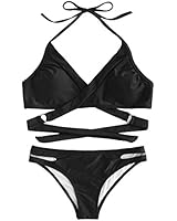 SOLYHUX Women's Cutout Bottoms Halter Criss Cross Wrap Bikini Set Black M