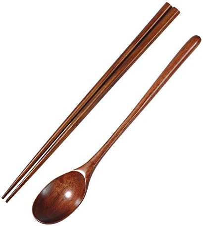 Pausseo 2-Pack Wooden Spoon and Chopstick Set for Cooking Durable Soup Spoons Eco Friendly Tableware Natural Ellipse Ladle Spoon for Eating Mixing Stirring Fork Coffee Demitasse Teaspoon Dessert